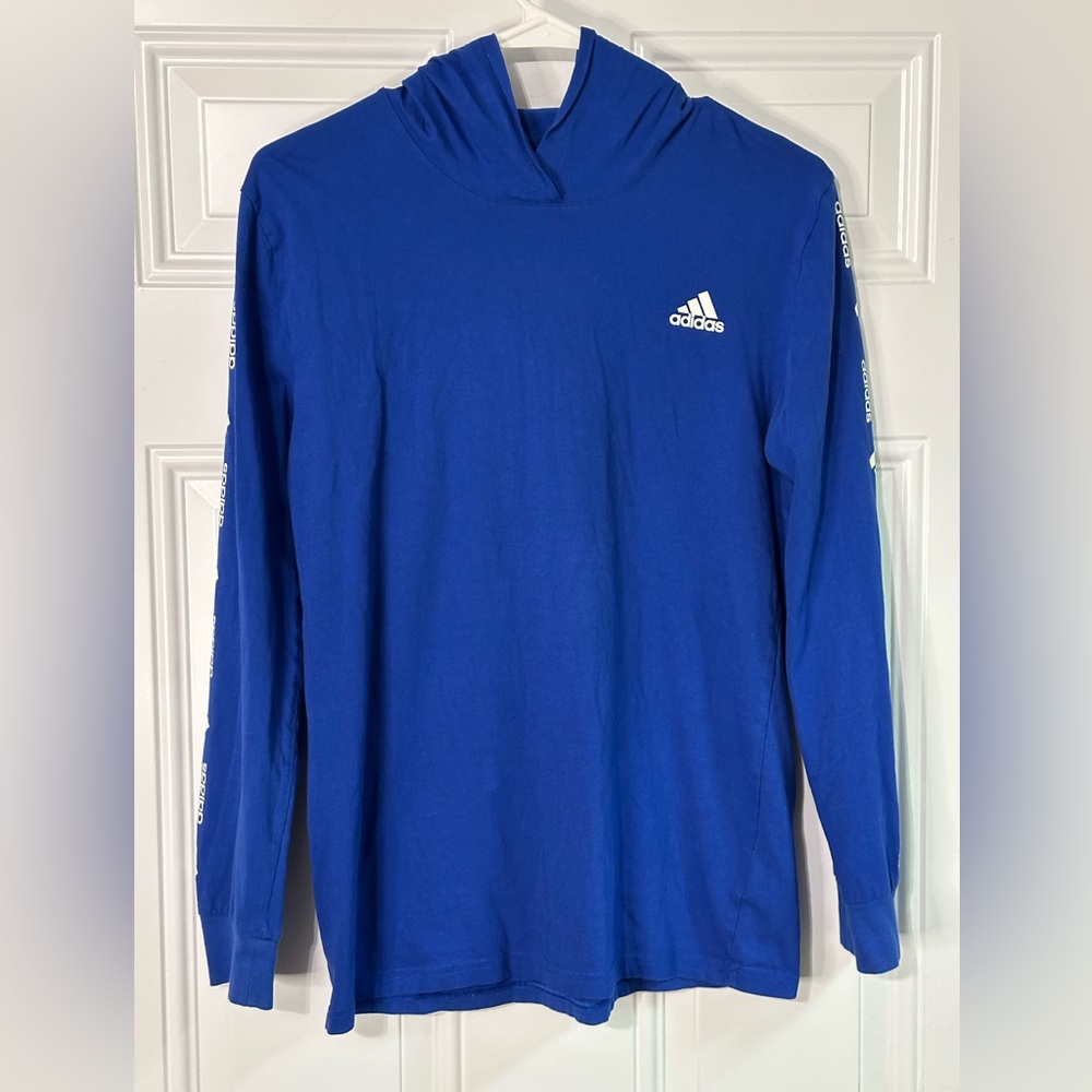 Adidas Shirt Boys L 14/16 Blue Pullover Hooded Hoodie Spell Out Youth Kids Logo